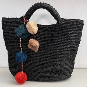 KAYU Black Woven Tote Bag with Colorful Pom Poms